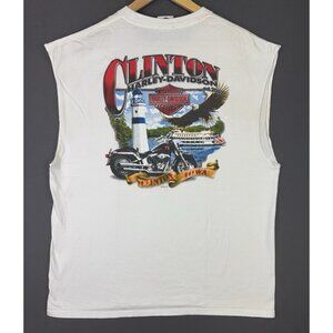 Vintage Y2K Harley Davidson Motorcycle Clinton Iowa Lighthouse Graphic White XL